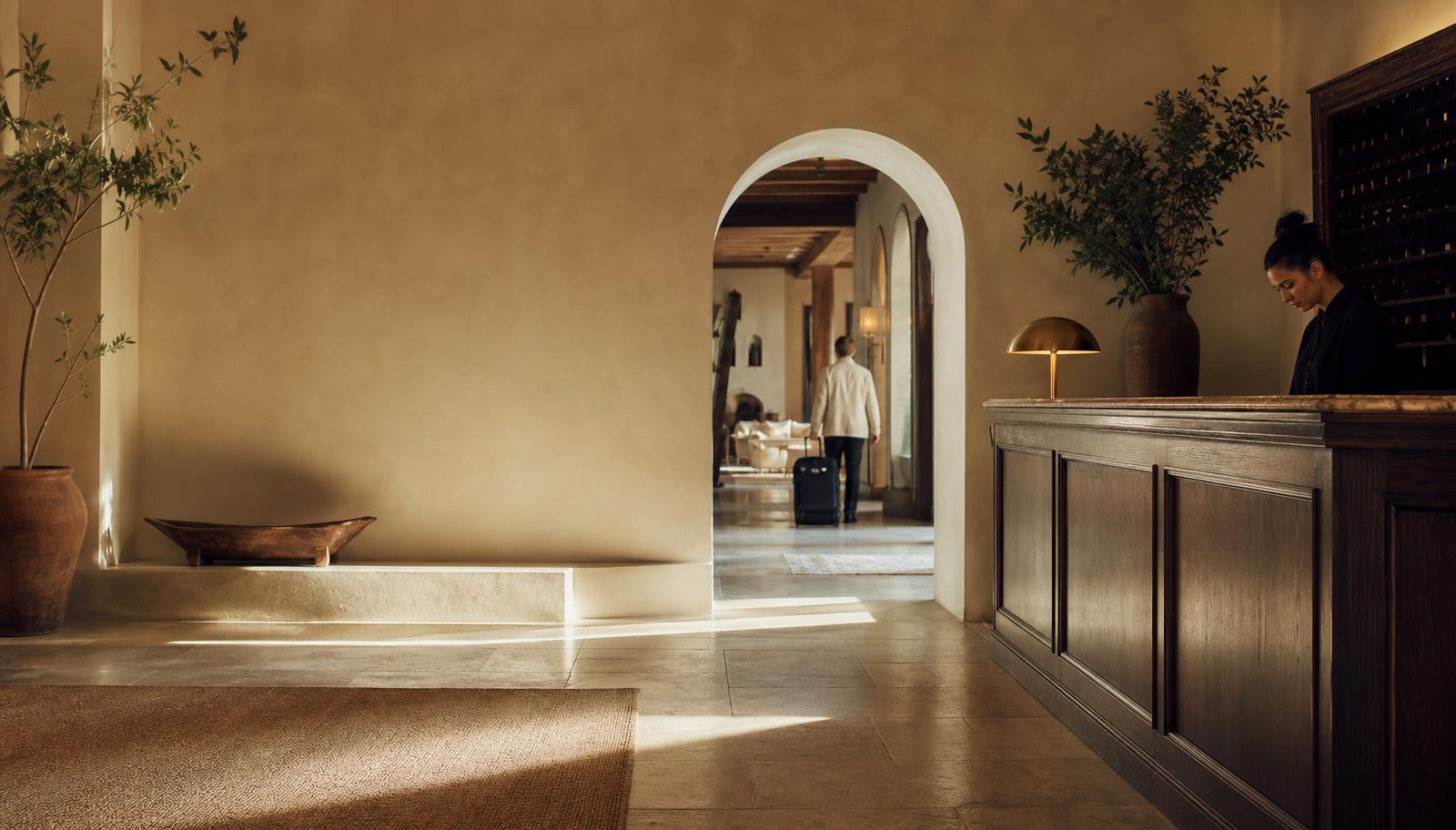 Sunlit boutique hotel lobby with warm cream plaster, travertine and brass details
