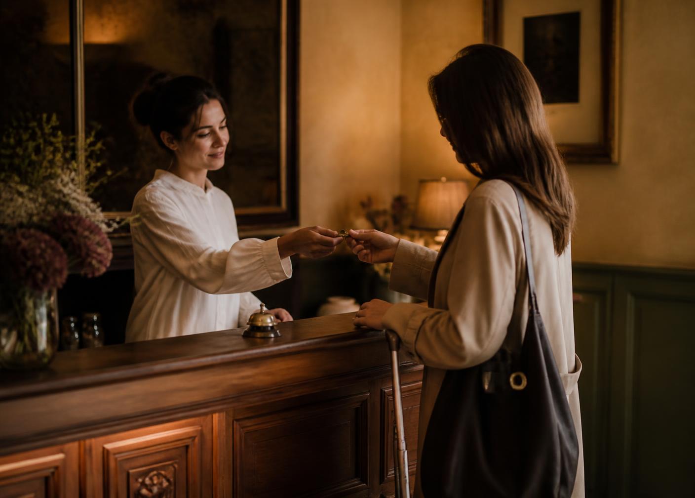 Hotel receptionist handing a room key to an arriving guest