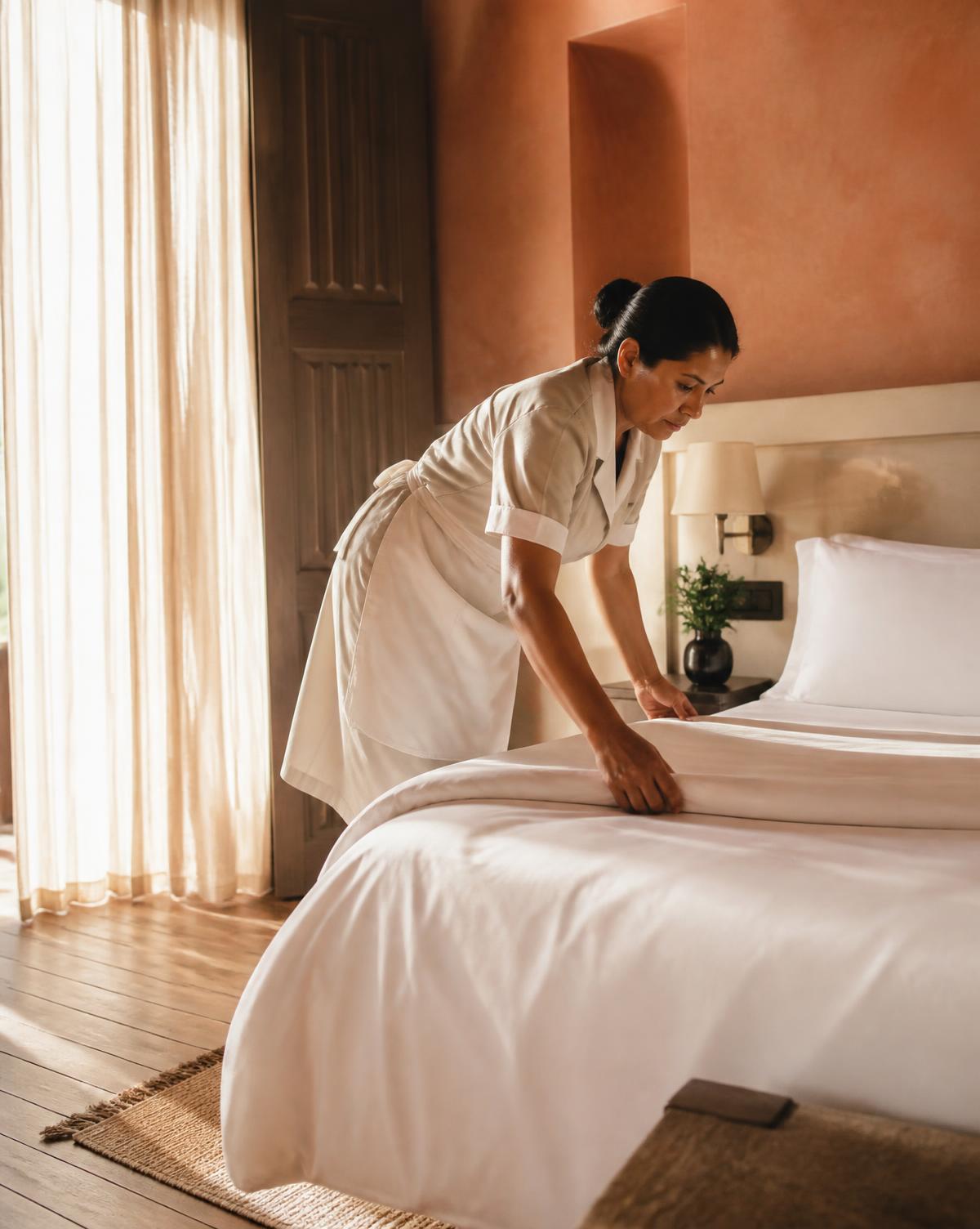 Housekeeper preparing a hotel bed with fresh linen in morning light