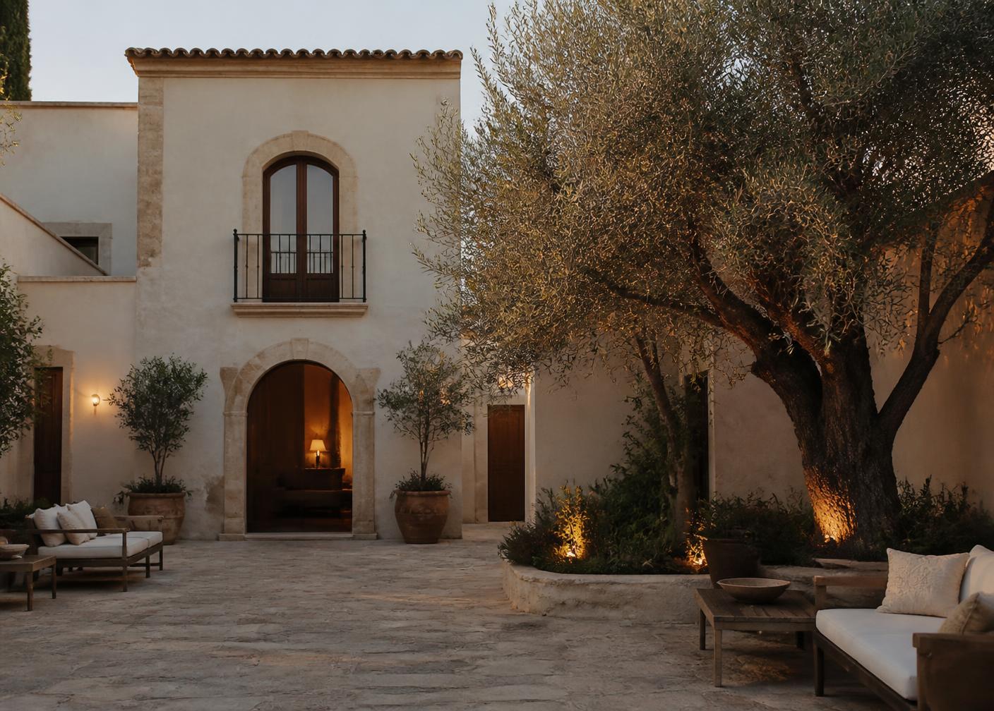 Courtyard of an independent boutique hotel at dusk