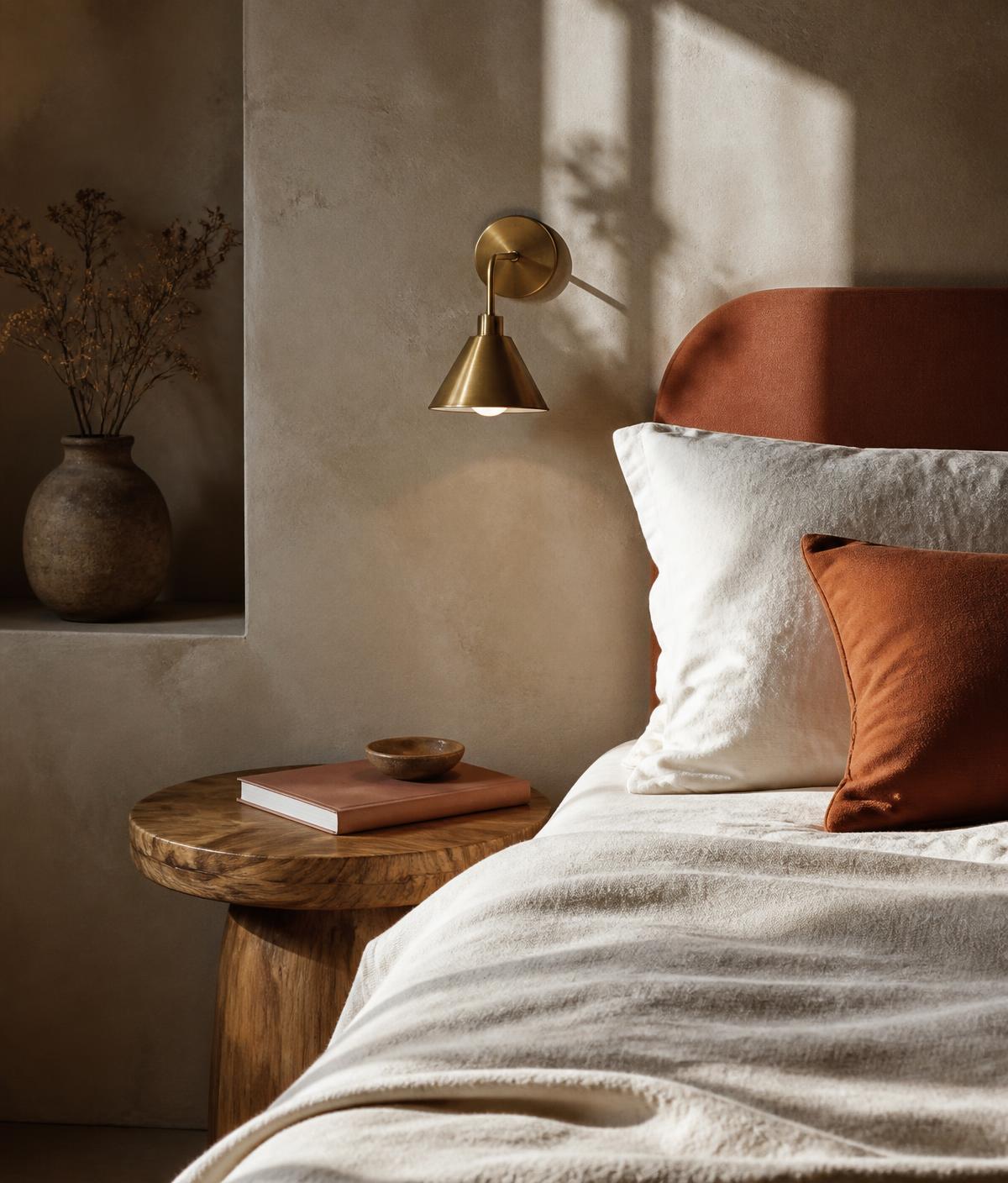 Warm boutique hotel guest room with linen bedding and brass wall light